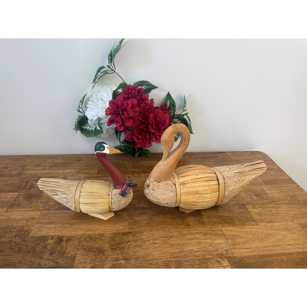 Vintage Russ Berrie Corn Husk Duck Pair Folk Art Rustic‎ Farmhouse Decor